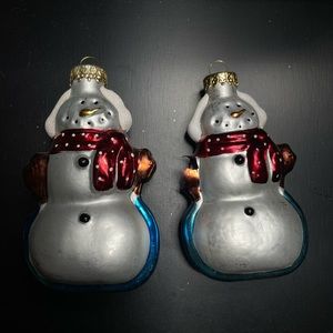 Pair Of Thin Snowman Vintage Glass Ornaments By G&D 4” One Has A Broken Arm